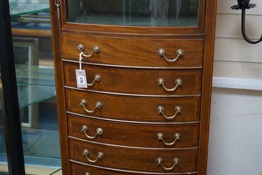 An Edwardian satinwood banded mahogany bowfront sheet music cabinet, width 61cm, depth 44cm, height 143cm